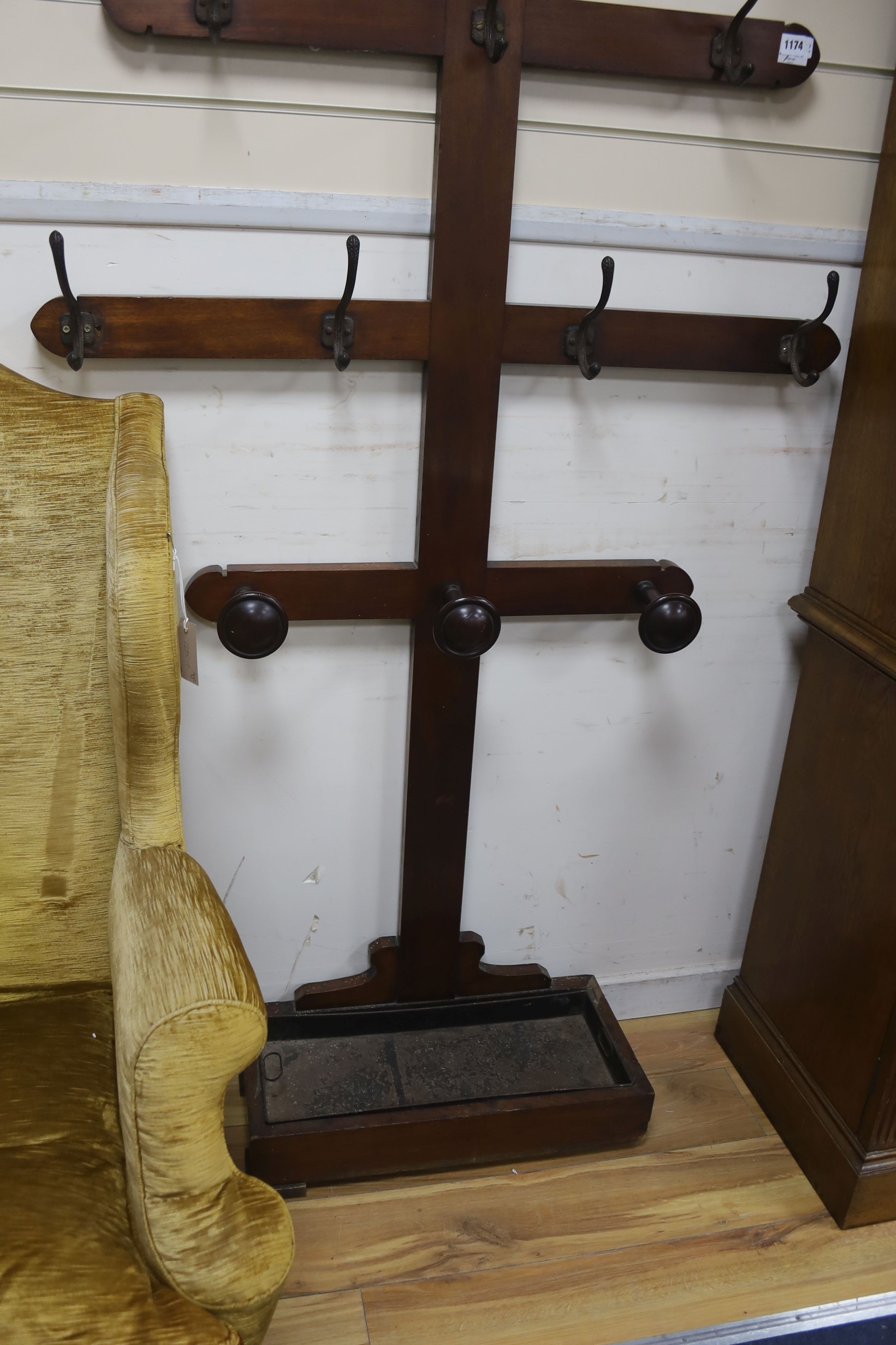 A Victorian mahogany hall stand, with tin tray base, width 116cm height 220cm